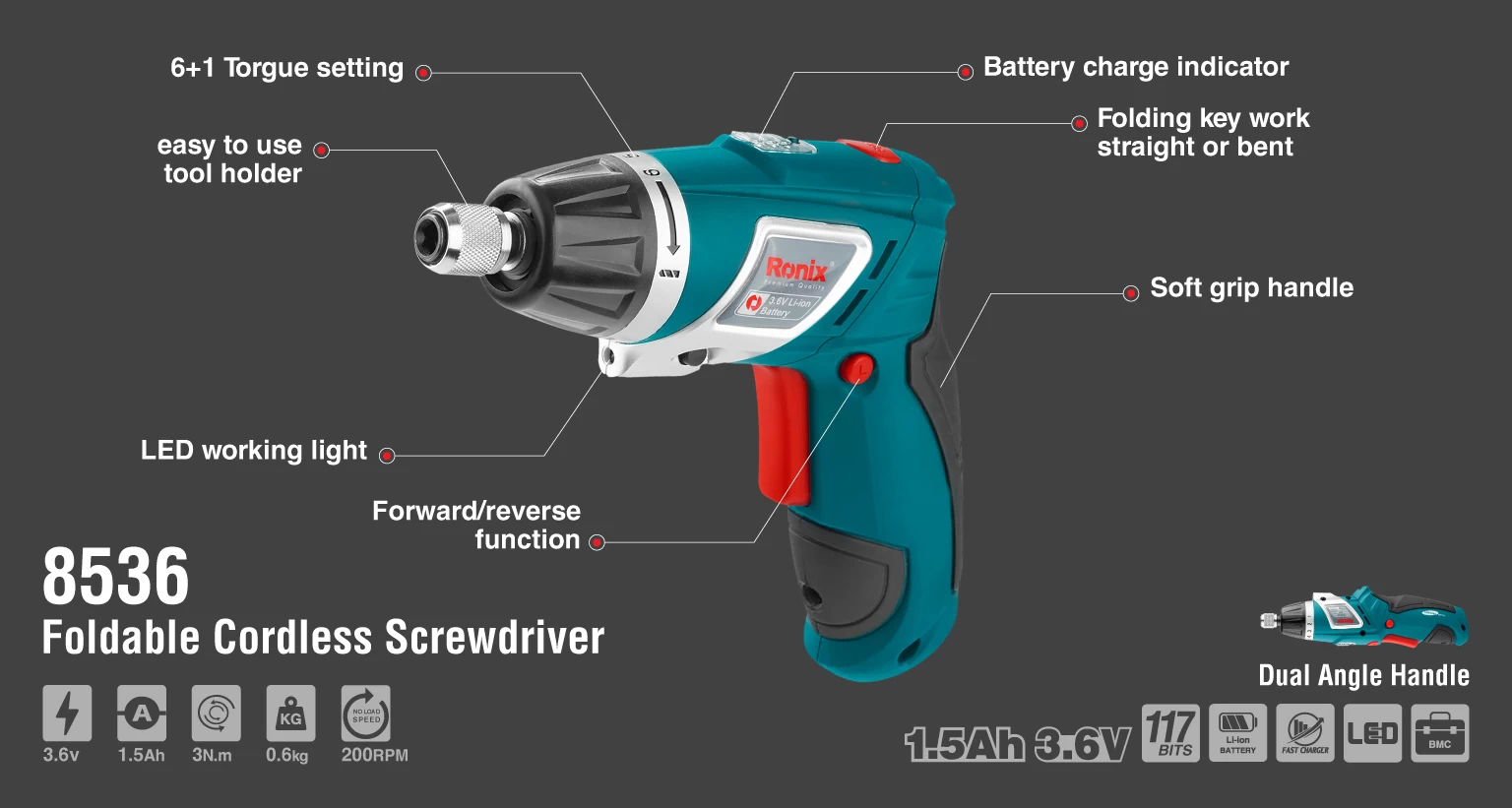 پیچ گوشتی شارژی تاشو 3.6 ولت 3 نیوتون‌متر